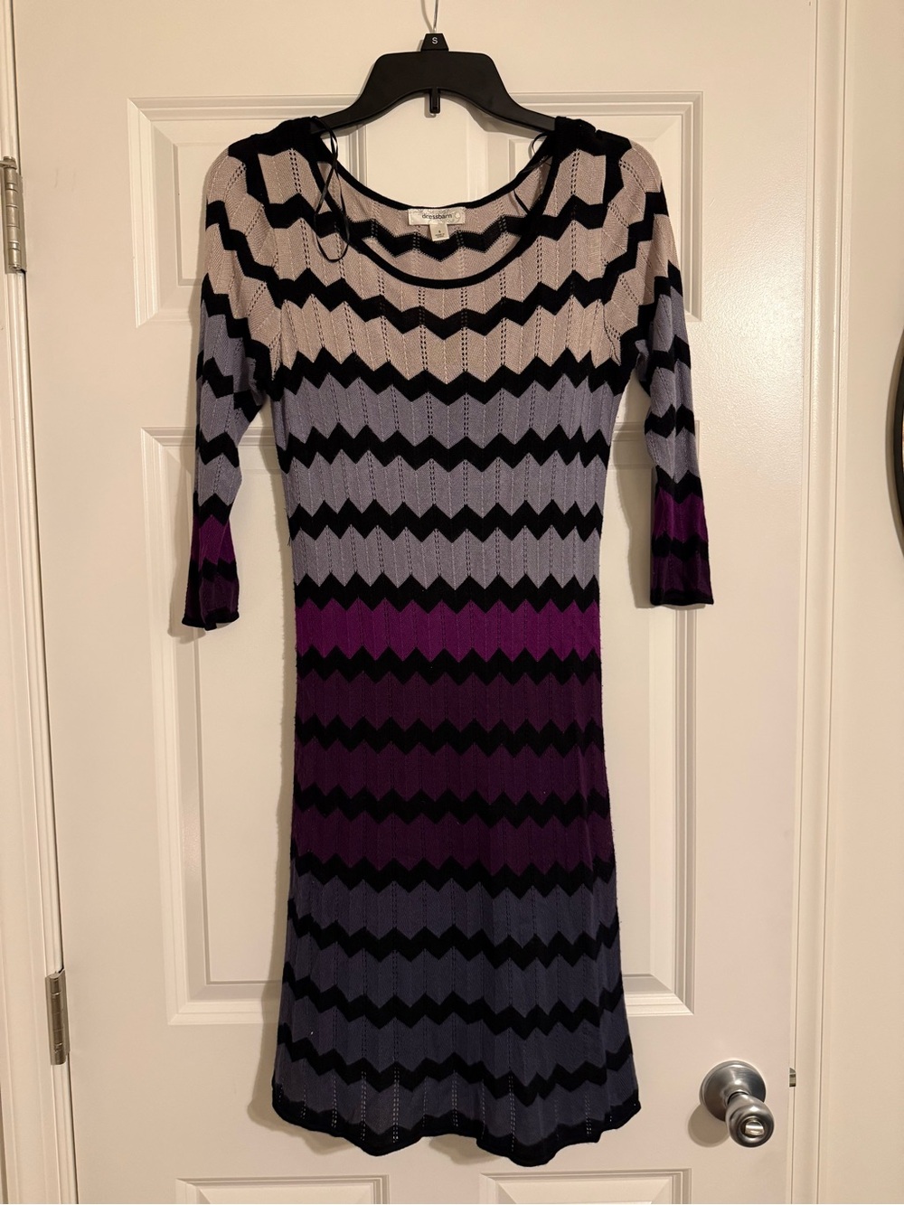 dressbarn Black, Purple & Gray Chevron Knit Long Sleeve Dress
